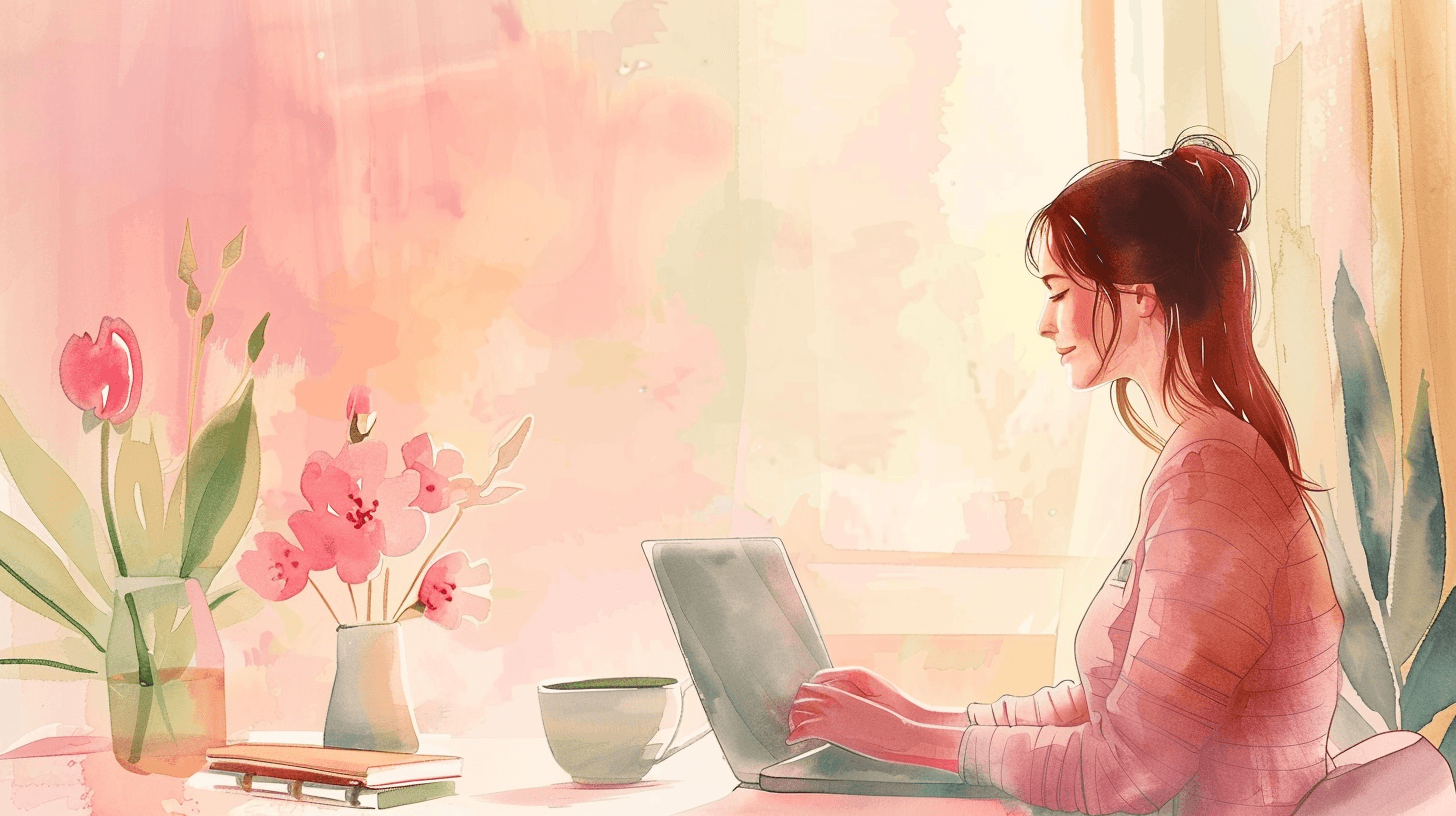 Woman working at her laptop, focused and contemplative