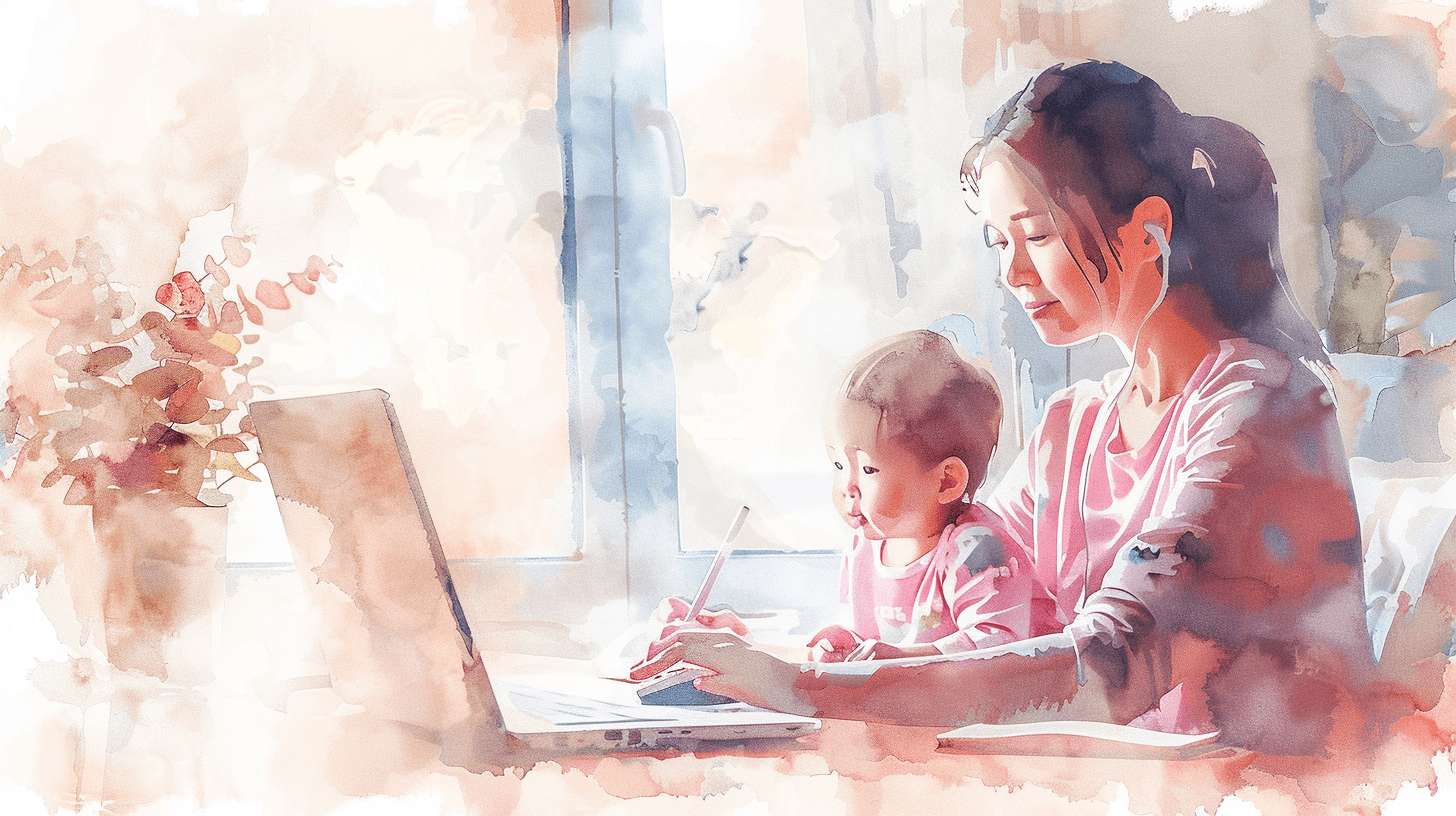 Woman juggling work and baby on lap, representing the multitasking challenges of ADHD in motherhood